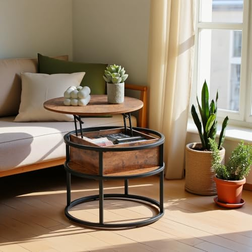 EGGREE Couchtisch Rund mit Hebeplatte,Beistelltisch Höhenverstellbar mit Stauraum 60x60x48cm-62cm,Klein Wohnzimmertisch Kaffeetisch für Home Office Braun