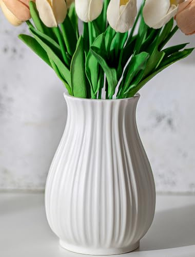NUPTIO White Ceramic Vase Farmhouse: 16cm Modern Flower Pampas Grass Vases for Living Room Bedroom Kitchen - Aesthetic Decorative Centrepiece for Window Shelf Coffee Table