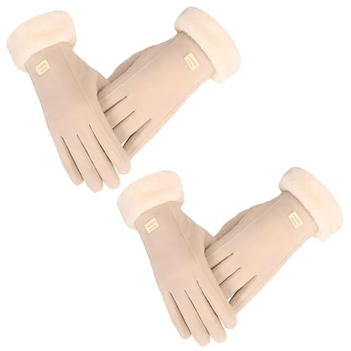 EOAMGO 2 pares de guantes térmicos para mujer, para pantalla táctil, cálidos, con forro polar y piel sintética, diseño elegante de gamuza suave para mujer, cómodos guantes de conducción, beige, Talla