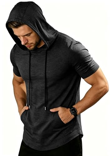 ZITY T-Shirt Sportiva Uomo con Cappuccio Maniche Corte Traspirante Palestra Corsa Estate Nero 3XL