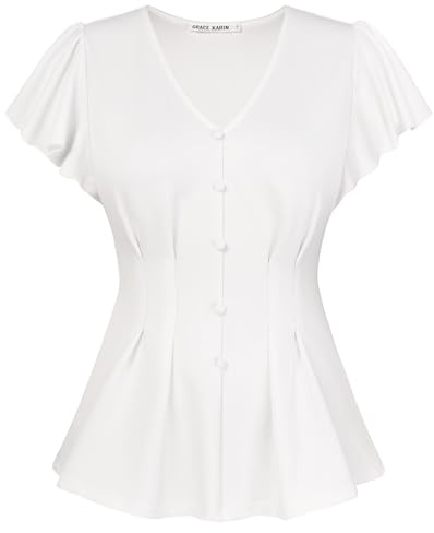 GRACE KARIN Women's Short Sleeve Summer Tops V-Neck Ruffle Pleated Blouses