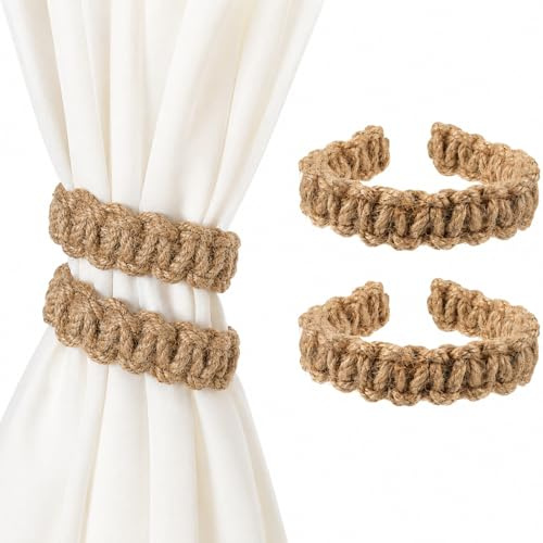 4-Pack Adjustable Braided Curtain Tiebacks with Flexible Wire Core | Handwoven cotton-linen rope bends to hold sheer and lightweight curtains; suitable for bedrooms, offices and lounges.
