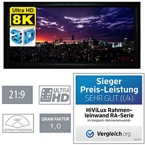 Écran de projection sur cadre HiViLux Gain 1,0 - En toile blanche de cinéma pour 3D, 4K, UHD, ALU - Sans effet pailleté ou WiFi - Pas de trou sur la toile pour la fixation 21:9 Bild:224x96cm 96 Rahmenstärke 6cm