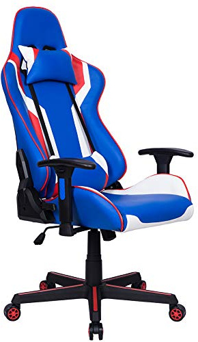 BAKAJI Sedia Poltrona Gaming Scrivana Ufficio Casa in Ecopelle Schienale Reclinabile Cuscino Lombare Poggiatesta Rotazione 360 gradi Direzionale Altezza Regolabile 5 Ruote (Rosso/Blu)