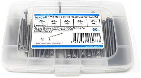 iexcell 50 Pcs M3 x 40/45/50/55/60mm Thread Pitch 0.5 mm Stainless Steel 304 Hex Socket Head Cap Screws Bolts Assortment Kit