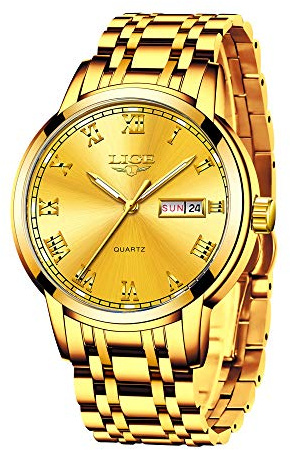 LIGE Montre Homme, Montres Bracelet Analogique à Quartz, Acier Inoxydable Etanche 3ATM, Fonction Calendrier, Aiguilles Lumineuses Affichage, Assortissement Classique Business Décontracté,Or