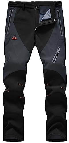 donhobo Men's Waterproof Trousers Softshell Fleece Lined Outdoor Walking Warm Thicken Hiking Ski Pants with Zip Pockets Black 34