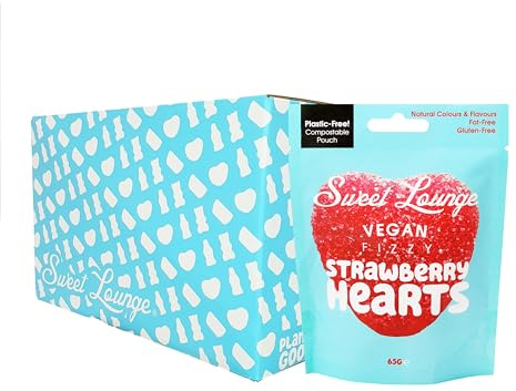 10x Sweet Lounge Vegan Strawberry Hearts Pouch | 10x 65g Pouches | Plastic free compostable packaging. Natural Colours & Flavours | Gluten-Free. Vegan