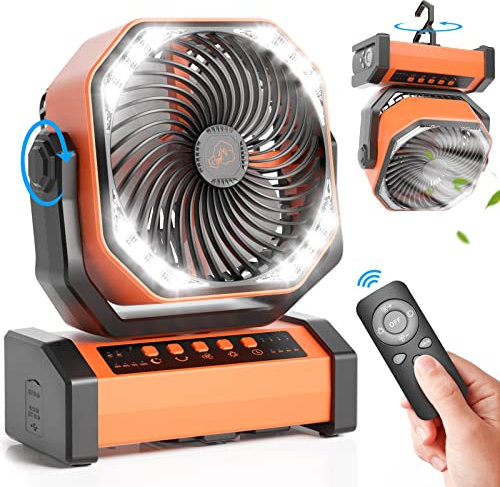 Vidihill 20 000 mAh campingfläkt med LED-ljus, automatisk svängande skrivbordsfläkt med fjärrkontroll och krok, uppladdningsbar batteridriven utomhus tältfläkt med timer, 4 hastigheter USB för läger