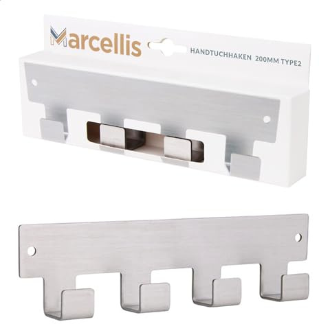 Marcellis Premium Garderobenhaken, Edelstahl, 4 Haken - Wandhakenleiste ideal als Handtuchhalter oder Hakenleiste - Hochwertige Verarbeitung und Befestigungsmaterial - 5,2x20x2,4 cm (HxWxD)