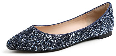 Feversole Women's Macaroon Colorful,Cojín de Espuma con Memoria Colorida Macaron para Mujer, diseño Plano Lentejuelas Brillantes Azul Noche Tallas 39