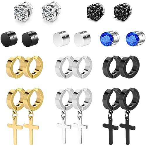 KWUNCCI Magnetic Earrings for Men, 11 Pairs Clip On Studs, Non Pierced, Fake, Black Cross Hoop Dangle Earrings for Women
