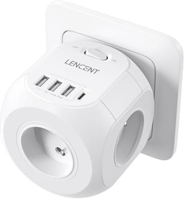 LENCENT Prise USB Secteur Multiprise Murale Cube Multiple Prises, 8 en 1 Chargeur Multiprise avec 4 Sortie AC, 4000W et 1 Type C et 3 USB Electrique Idéal Bureau Chambre Blanc