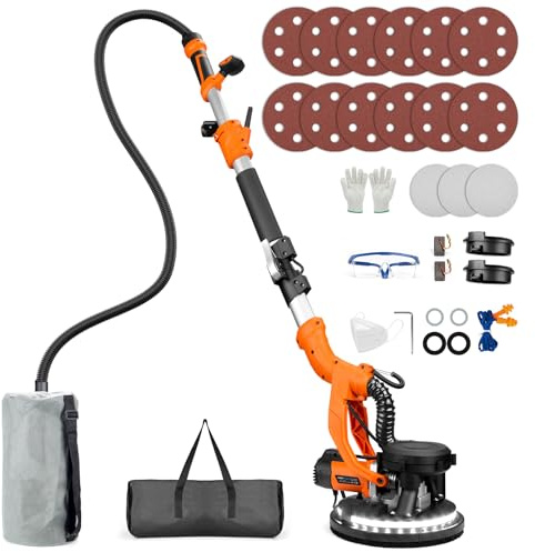 Drywall Sander, 1000W Popcorn Ceiling Removal Tool, Automatic Drywall Sander with Vacuum Dust Collection, LED Light, 6 Variable Speed 800-2200RPM, Foldable & Extendable Handle,15Pcs Sanding Discs