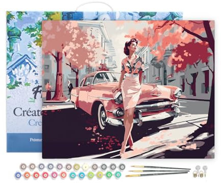 Figured'Art Peinture par Numéro Adulte avec Cadre Femme et voiture classique rose - Activité Manuelle Kit de Loisir Créatif DIY Numéro d'Art Complet - 40x50cm toile tendue sur châssis