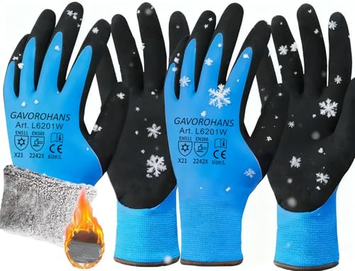 GAVOROHANS 2 Pairs Waterproof Thermal Winter Work Gloves Polar Fleece Liner Superior Grip Double Latex Coating for Garden Logistics Warehousing in Cold Weather Outdoor Activities