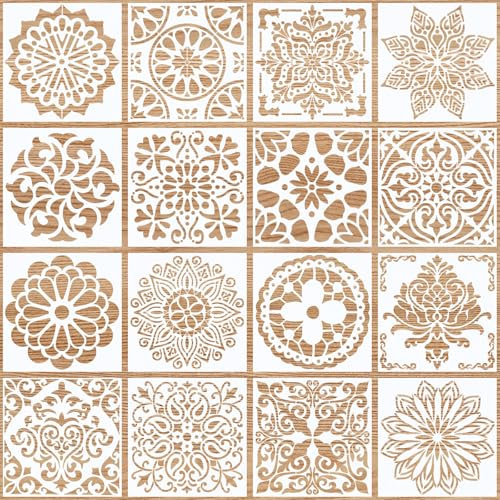 16 Stück Mandala Schablone Set, Blumen Schablonen, Wiederverwendbare DIY Malerei Vorlage Stencil Kit, Zeichenschablonen Stencil Schablonen für Scrapbooking, Malerei, Heimdekoration, 15 * 15cm