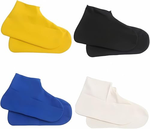 4 Paires Couvre Chaussure Impermeable, Matériau en Silicone Résistant à l'Usure, Haute Élasticité et Faciles à Enfiler, Design Antidérapant, Idéaux pour la Pluie et la Neige (Jaune, Bleu, Blanc, Noir)