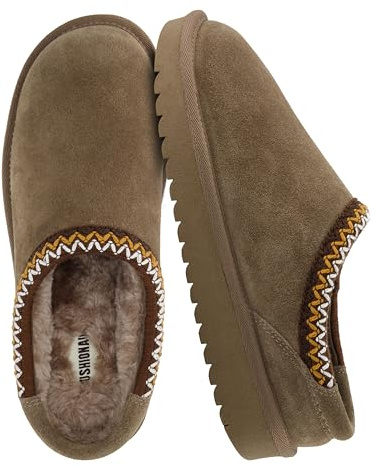 CUSHIONAIRE Keto Womens Slippers- Genuine Suede Cozy & Stylish, Memory Foam & Faux Shearling Winter Slippers for Women TAUPE 6.5