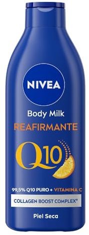 NIVEA Q10 Body Milk Reafirmante (1 x 400 ml), crema hidratante corporal 72h para piel seca, crema reafirmante corporal con Collagen Boost Complex, Vitamina C y Q10 puro