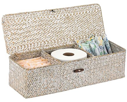 IGNPION 3-Compartment Seagrass Storage Basket with Lid Woven Seagrass Desktop Basket Bathroom Storage Organiser Box, Shelves & Desks Decorative Wicker Box (Whitewash)