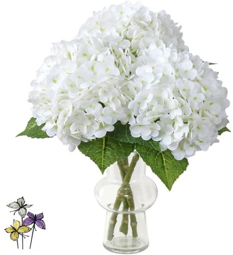 Leftover 3Pcs White Hydrangea Artificial Flowers,21 Full Large Faux Hydrangea Flowers with 3 PCS Butterflies,Latex Real Touch Flowers for Home Decor Floral Arrangements Wedding Bouquets Centerpieces