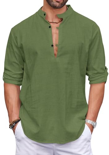 COOFANDY Camisa de Hombre de Algodón de Manga Larga Camisa Henley Informal Camisas de Verano Verde Militar XXL