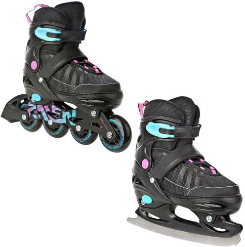 RAVEN Inline Skates Inliner für Kinder und Erwachsene OPTIONAL 2in1 mit Schlittschuhen verstellbar (Oxen Mint/Pink mit Kufen, 34-37 (21cm-23,5cm))