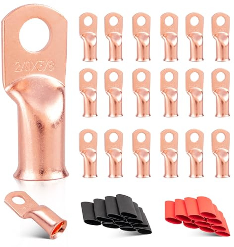 RED WOLF 2/0 AWG 3/8 Battery Cable Lug 20 PCS w/3:1 Heat Shrink Tubing for Wiring Insulation Black Red 20 PCS for Automotive Electrical 00 Gauge Wire Copper Lug Marine Grade M10 Ring Terminal Ends