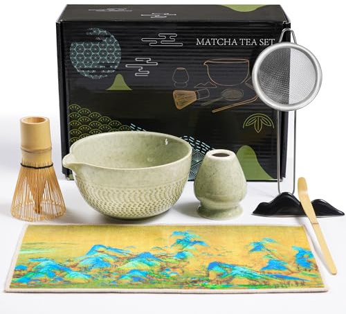 Matcha Set | Matcha Tee Set 7 Stück - mit Matcha Besen und Besenhalter, Schale mit Ausgießer, Matcha Löffel und Halterung, Sieb, Tuch | Zubehör für die Matcha Ceremonial