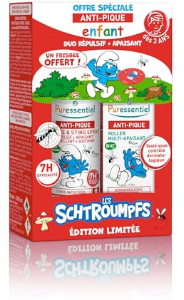 Puressentiel - Coffret Anti-Pique Enfant - Edition limitée les Schtroumpfs - Spray Répulsif et Apaisants + Roller Multi-Apaisant - Efficacité 7H - Frisbee rouge exclusif les Schtroumpfs
