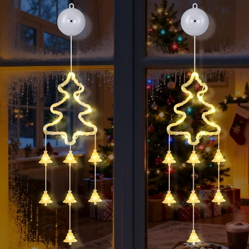 Tacobey 2 Piezas Luces Navidad para Ventana con Árbol, 18 LED Cortina Luces a Pilas Blanco Calido, Temporizador, 8 Modos, Decoración Navideñas Interior