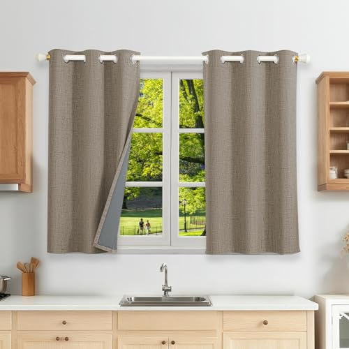 Runyéla 100% Rideau Occultant Thermique Isolant Anti Chaleur 90x120, Lot de 2 Lin Rideaux Fenêtre Opaques à Oeillets Anti Froid UV Bruit, Intérieurs Decoration Dressing Salon Chambre