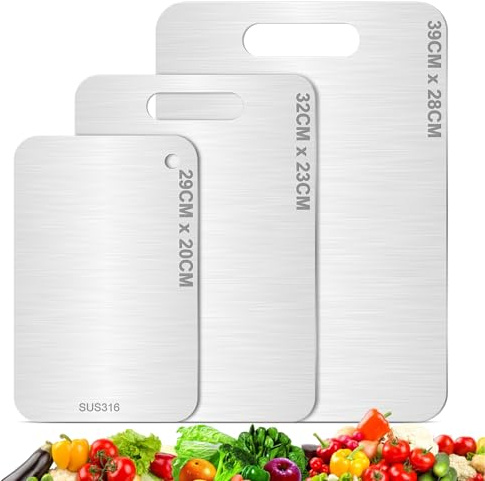 3 Pezzi Tagliere In Acciaio Inox,SUS316 Tagliere in Titanio Inossidabile, Doppio Lato per Alimenti, per Uso per Carne, Frutta, Verdura