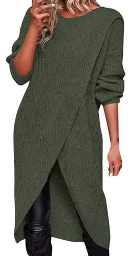Robe pull élégante pour femme - En tricot - Manches longues - Automne - Hiver - Longueur genou - Décontractée - Pull en tricot asymétrique - Confortable - Pour la maison, O Armée Vert, XL