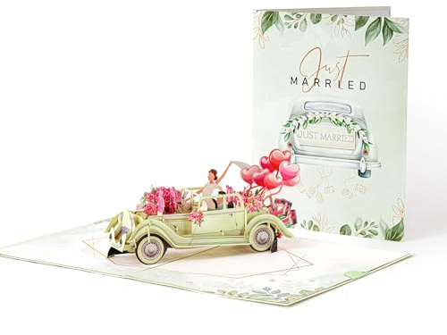 MSLSOZ Carte Pop-up de Mariage 3D, Design Voiture Just Married avec Fleurs, Carte de Vœux pour Mariés, Décoration Florale Verte et Rose
