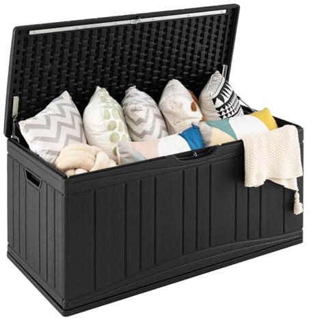 COSTWAY Baule da Esterno 300L Impermeabile in Resina, Cassapanca Contenitore da Esterno con Pistoni a Gas, Predisposizione per Serratura e 2 Maniglie Laterali, Resistente, 114 x 55 x 61 cm (Nero)