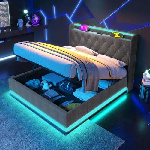 QQU King Size Bed Frame with 360 Surround Led Function, 5ft Upholstered Ottoman Bed with Hydraulic Lift, Underbed Storage Bed Frame with Charging Function, 150 x200, Linen, No Mattress, Grey