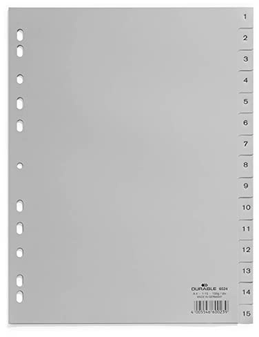 Durable 652410 Registro de números (A4, pestañas en relieve 1-15, cobertura completa de PP) 10 piezas, gris