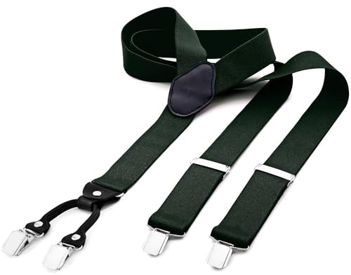DonDon Bretelle uomo larghe 3,5 cm 4 clips in pelle a y - elastiche e regolabili, a quadrati verdi