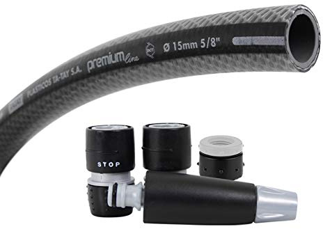 TATAY Kit Manguera de jardin Premium 25 metros Ø5/8 15mm, de 4 Capas, Hecha en España, Resistencia 39 bares y +60°/-20°, Tricotado, Libre de Cadmio y Plomo, Libre de BPA, Anti-UV, Color Negro