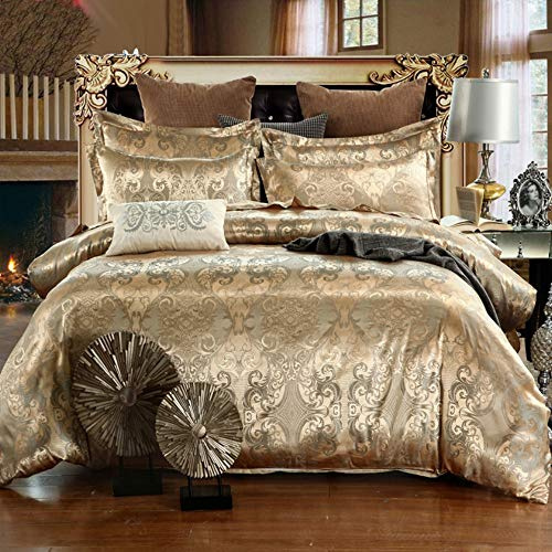 Sticker Superb Set Biancheria da Letto con Motivo Ricamato 3 Pezzi Floreale in Raso Liscio Copripiumino in Microfibra Copripiumino Jacquard con Federa (Oro,200 x 230 cm)