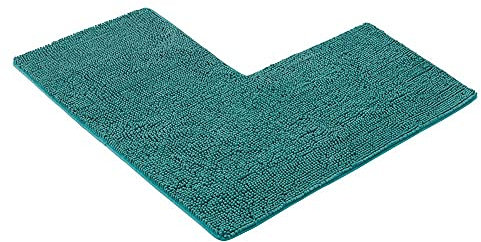 PANA® Chenille Duschvorleger mit Eckausschnitt • Badteppich für Eckduschen • Badematte rutschfest • L-förmiger Duschvorleger für eckige Dusche • Farbe: Petrol • Maße: 50x100x100 cm