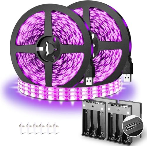THECHAM 16.4ft Black Lights Strip Battery Operated, USB Blacklight Strip for Glow Party, 385-400nm Black Lights for Bedroom Indoor Halloween Birthday Decor Uranium Glass Tapestry Poster