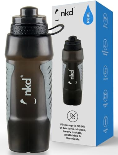 nkd Life Pure Bottle - Large Black 950ml Squeezable Dust Cap Sports Bottle with built in Filter - Drink clean safe water from taps, rivers and lakes whilst hiking trecking or bikepacking (950ML)