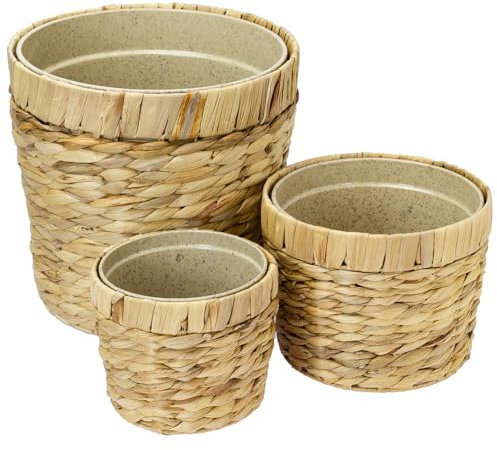 HMF Pot de Fleurs innovant tressé en Jacinthe d'eau, avec Pot de Plantes en matières premières durables, Rond | Set de 3 | 14 cm + 19 cm + 25 cm de diamètre