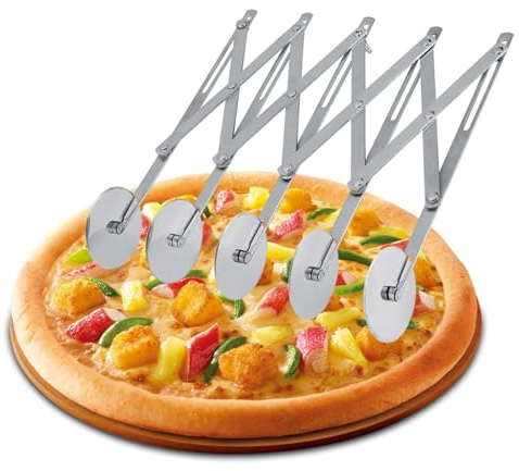 5 Wheels Adjustable Pizza Divider Tools, Stainless Steel Pizza Divider Non Stick Accordion Pastry Wheel Roller Tool for Making Cakes Pizza Dough Bread Pancake