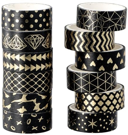 12 Rouleaux Washi Tape, Bandes AdhéSives, Ruban AdhéSif Papier DéCoratif Or Noir Masking Tape, Ruban AdhéSif Pour Bricolage Pour Bricolage, Scrapbooking, Emballage Cadeau 1.5 cm * 2m