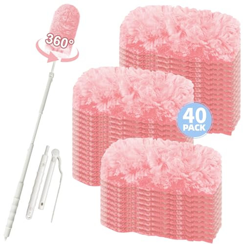 40 Stück Staubmagnet für Swiffer Staubmagnet Nachfüllpack, 360° Staubwedel für Swiffer Duster, für Tierhaare, Staub, Schmutz, Unparfümiert (40 Tücher + 1 Teleskopstange)