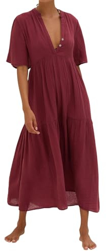 R.Vivimos Womens Summer Cotton Flowy Maxi Dress Short Sleeve V Neck Empire Waist Boho Tiered Ruffle Casual Loose Long Dresses (Large, Wine Red)